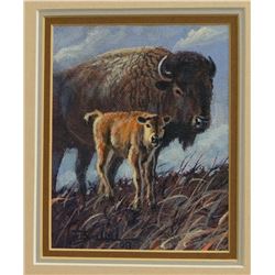 Larry Zabel, oil on canvas, Calamity Jane & Cody (buffalo cow & calf), buffalo raised by Scotty & Cl