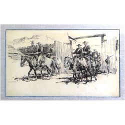 Nick Eggenhofer, dry brush pen & ink, Return to the Fort, 12" x 20", framed