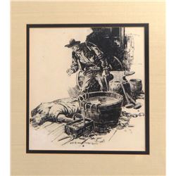 Nick Eggenhofer, pen & ink, Brand On His Forehead, 9" x 9", framed, purchased at CMR Auction.