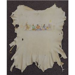 J. K. Ralston (1896-1987), original oil painting on tanned antelope hide, Indian drummers, ceremonia