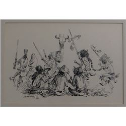 J. K. Ralston (1896-1987), pen & ink, The Drummers, 1958, 8" x 11", purchased at CMR Auction 1987.