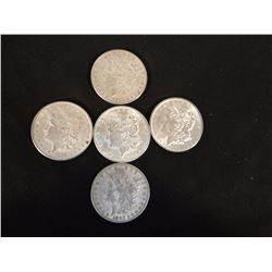 5 Morgan dollars, 3 x 1889; 1 - 1883, 1 - 1880