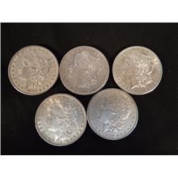 5 Morgan dollars, 1-1881, 1- 1882-O, 1- 1896, 2 - 1900