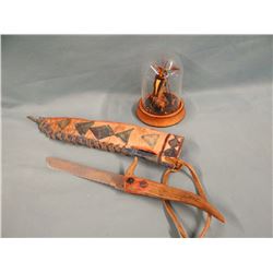 2 items:  antler-handled knife w/ par fleche sheath AND domed display of warrior items by Rides the 