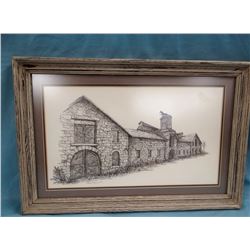 Rammell, Sharon, framed signed print of J.C. Adams Stone Barn, west of Great Falls,  #37/50, 11" x 1