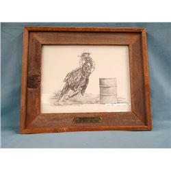 Washington County Rodeo, barrel racer, framed pencil drawing 10"x13"