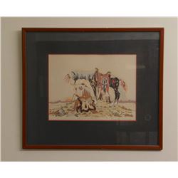 Woody Crumbo, silkscreen print, Last Sunset, 12" x 7", framed, purchased at CMR Auction.
