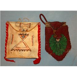 Older Plains Indian beaded bag with some bead loss, 5" x 8", rawhide with trade cloth trim, 6" x 8"