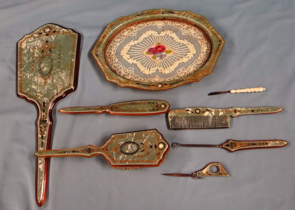 Fancy Celluloid Dresser Set 8 Pcs And Vintage Stained Glass Decor