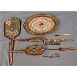 Fancy celluloid dresser set, 8 pcs; and vintage stained glass decor