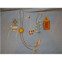 4 beaded pcs., shell necklace, 2 other necklaces, braid ties