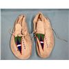 Image 1 : Chippewa Cree moccasins, white/tan buckskin w/ triangle in green and blue beadwork, 10"long, Fields 