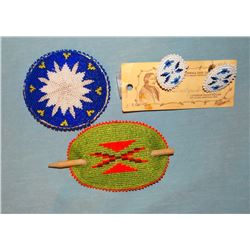 Chippewa Cree beaded cuff links made by Evelyn Big Knife, 2 hair burettes