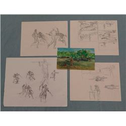 Dave Powell collection of sketches and small gouache, depicting the Lewis & Clark fight sight on the