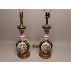 Pr of Antique Painted Glass Lamp Urns