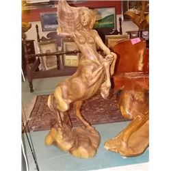 UNIQUE ALL WOOD CARVED STATUE - HORSE BODY TO LADY WITH FLOWING HAIR (female sagatarius) - 4' TALL X