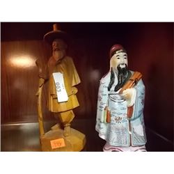 PORCELEIN HAND PAINTED MAN & WOOD CARVED MAN - 2PC