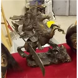 BRONZE STATUE - GUAN GONG YU ANCIENT ORIENTAL WARRIOR ON HORSE BACK WITH MOVABLE SPEAR - 10" X 13" T