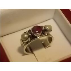 RING - UNIQUE CUSTOM DESIGNED - RUBY & PEARLS SET IN STERLING SILVER DESIGN