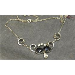 NECKLACE - STERLING SILVER NECKLACE WITH ONYX? AND RHINESTONE CRYSTALS - ORNATE DESIGN - RETAIL $125