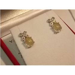 EARRINGS - NEW - GENUINE DIAMOND & CHALCEDONY CABOCHONS IN STERLING SILVER SETTING - STERLING SILVER