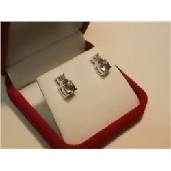 EARRINGS - NEW - AMETHYST & DIAMOND STUD EARRINGS IN STERLING SILVER SETTING - HAS PLATINUM FINISH F