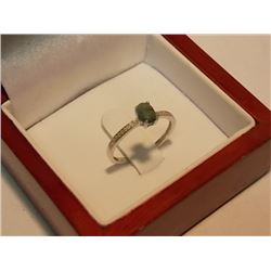RING - EMERALD & GENUINE DIAMOND IN STERLING SILVER SETTING - HAS PLATINUM FINISH FOR EXTRA DURABILT