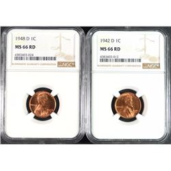 1942-D & 1948-D LINCOLN CENTS, NGC MS-66 RED