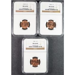 1961, 1964 & 1969-D LINCOLN CENTS, NGC MS-66 RED