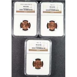 1961, 1963 & 1970-S LARGE DATE LINCOLN CENTS, NGC MS-66 RED