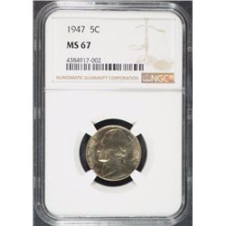 1947 JEFFERSON NICKEL, NGC MS-67 POPULATION OF ( 19 ) NONE HIGHER !!