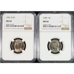 1949 & 1951-D JEFFERSON NICKELS, NGC MS-66