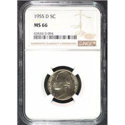 1955-D JEFFERSON NICKEL, NGC MS-66  NGC PRICE GUIDE=$190.00