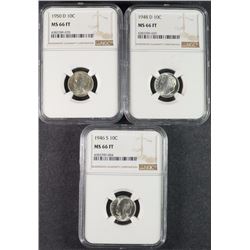 1946-S, 1948-D & 1950-D ROOSEVELT DIMES, NGC MS-66 FULL TORCH