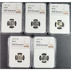 1946-S, 1949-D, 1950-D, 1953-S & 1955 ROOSEVELT DIMES, NGC MS-66