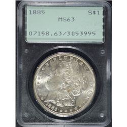 1885 MORGAN SILVER DOLLAR, PCGS MS-63  OLD "RATTLER" HOLDER