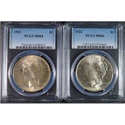 1922 & 1923 PEACE SILVER DOLLARS, PCGS  MS-64