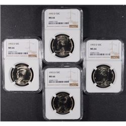 ( 4 ) 1993-D KENNEDY HALF DOLLARS, NGC MS-66