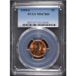 1955-S LINCOLN CENT, PCGS MS-67 RED!