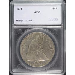 1871 SEATED DOLLAR, SEGS VF  VERY NICE!