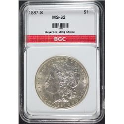 1887-S MORGAN SILVER DOLLAR, BGC CHOICE BU  WHITE