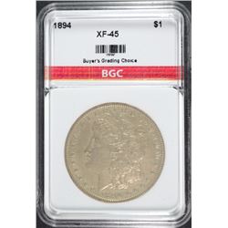 1894 MORGAN SILVER DOLLAR, BGC XF/AU  RARE KEY DATE