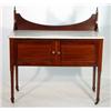 Image 1 : Edwardian inlaid mahogany washstand with splashback and marbled top above a pair of cupboard doors o