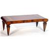 Image 1 : Good quality inlaid mahogany and walnut coffee table with tooled leather top on triangular tapering 