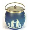 Image 1 : Victorian Wedgwood blue and white Jasperware biscuit barrel with silver plated mount, moulded with a