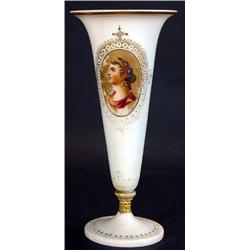 Victorian white opaque glass vase hand painted and gilded with a Grecian maiden onto a gilt panel, 3