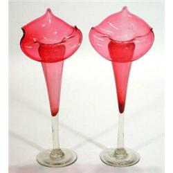 Pair of Victorian Cranberry glass 'Jack in the Pulpit' vases, 32cm high