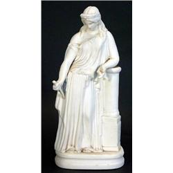 Victorian Parian figurine of a Roman maiden against a pillar clutching a dagger, 34cm high