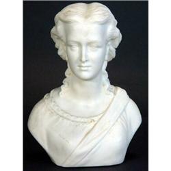 Victorian Parian bust of a young maiden in a cotton dress with sash, 23cm high