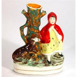 Hand painted Victorian Staffordshire spill vase, Little Red Riding Hood beside a tree and dog, 20cm 